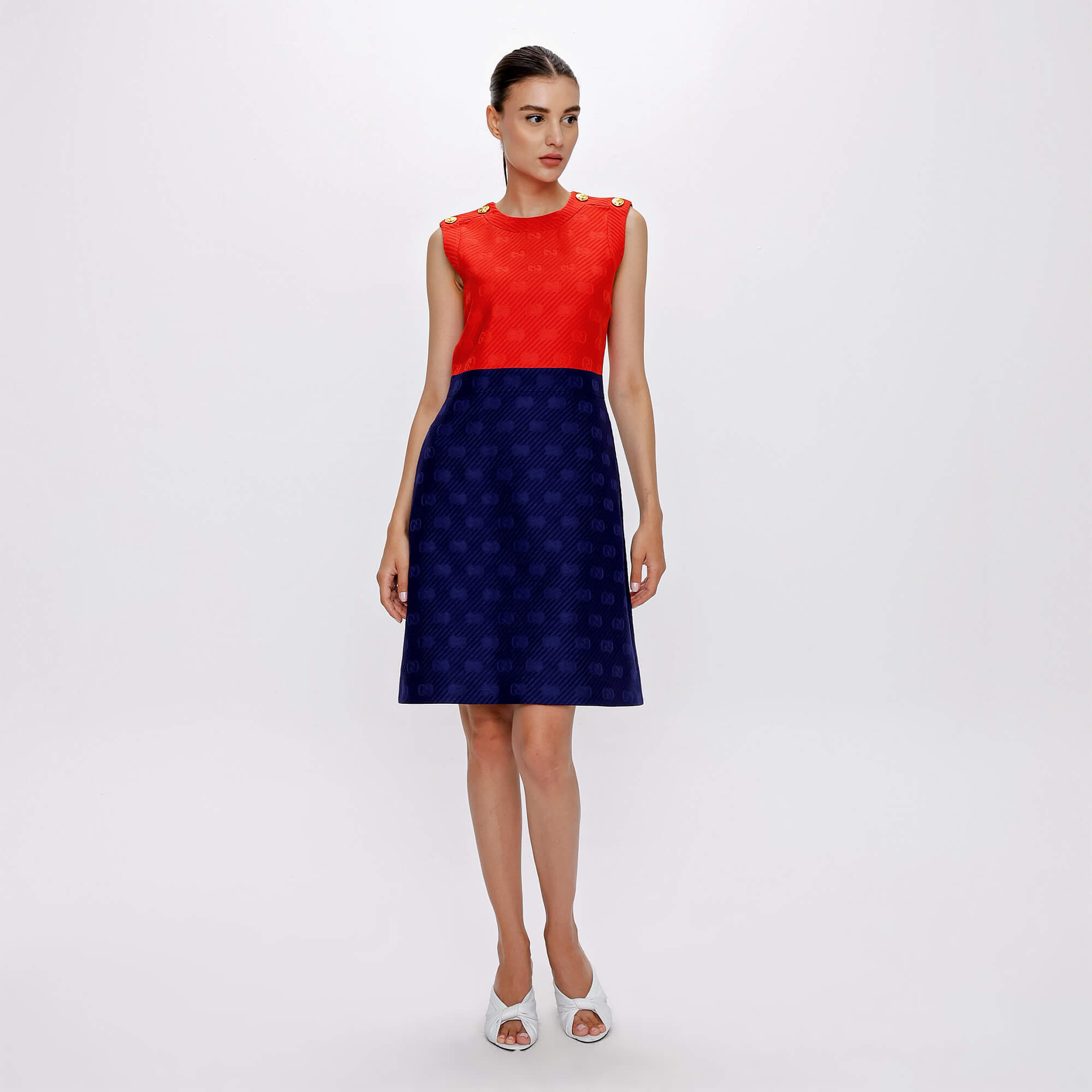 Gucci - Red&Navy Blue GG Gold Button Dress 